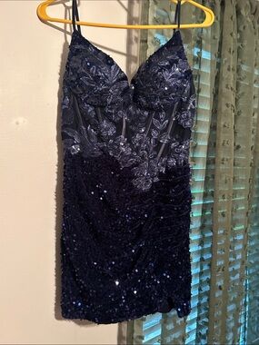 Navy Sequin Embroidered Spaghetti Strap Dress